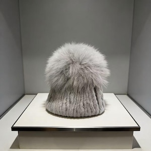 Handmade Real Rex Rabbit Fur Women's Winter Beanie Hat Furry Fluffy Beanie Hats for Winter Outdoor