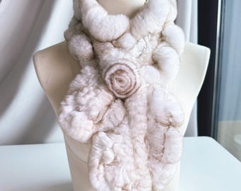 Handmade Rex Rabbit Fur Hood Scarf | Brown Knitted Neck  display picture 1