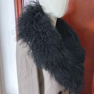 May include: A black fur collar sits atop a tan blazer. The collar has a dense, textured look, contrasting with the smooth fabric of the jacket. The blazer is buttoned and displayed on a mannequin.