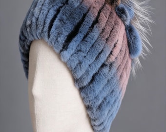 Handmade Real Rex Rabbit Fur Women's Winter Beanie Hat Furry Fluffy Beanie Hats for Winter Outdoor