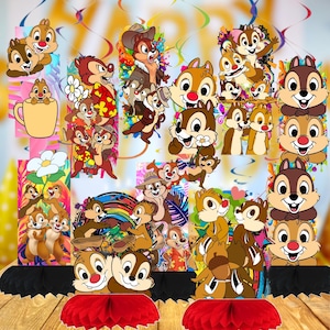 May include: A collection of Chip and Dale character cutouts in various poses, arranged on a table with red honeycomb centerpieces. The images feature the cartoon chipmunks in different outfits and settings, with colorful backgrounds and decorative elements.