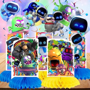 May include: A collection of colorful cartoon character cutouts, including robots, aliens, and a gorilla, arranged on a table with blue and yellow honeycomb decorations. The characters have a futuristic theme.