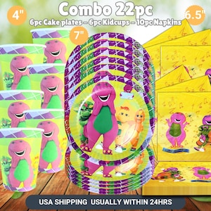 May include: A 22-piece party set featuring plates, cups, and napkins. The plates are 7 inches in diameter, the cups are 4 inches tall, and the napkins are 6.5 inches square. The set features a purple dinosaur character with a green belly and yellow accents.