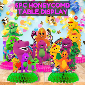 May include: A colorful 5-piece honeycomb table display featuring various cartoon dinosaur characters in shades of purple, green, yellow, and orange. The display includes decorative elements like confetti and streamers, with the text "5PC HONEYCOMB TABLE DISPLAY".