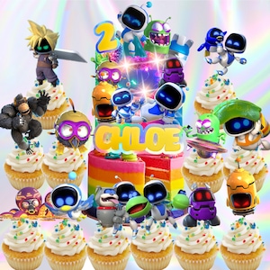 May include: A colorful birthday cake and cupcakes decorated with video game character toppers. The cake has rainbow layers and the name "CHLOE" on it. Cupcakes are topped with white frosting and sprinkles.