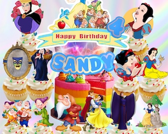 FREE Custom Snow White Name/age Cake Topper cupcake LED Lights Shaker party supplies decoration happy birthday centerpiece decor