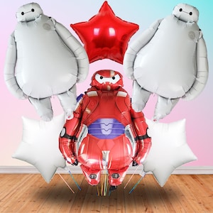May include: A collection of foil balloons in a party theme. The balloons include two white, round-bodied figures, a red star, a red robot figure, and two white star-shaped balloons. The balloons are arranged against a gradient background.