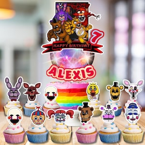 May include: A colorful birthday cake with a rainbow design, topped with a cake topper featuring characters and the text "Happy Birthday Alexis 7". Cupcakes with character toppers are arranged around the cake.