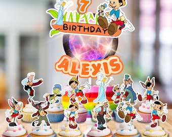 FREE Custom Pinocchio Name/age Cake Topper cupcake LED Lights Shaker party supplies decoration happy birthday centerpiece decor