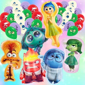 May include: A collection of colorful balloons and character-shaped foil balloons. The balloons feature images of cartoon characters in red, green, purple, and white. The foil balloons depict characters with various expressions.