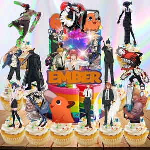 FREE Custom Chainsaw Anime Name/age Cake Topper cupcake LED Lights Shaker party supplies decoration happy birthday centerpiece decor