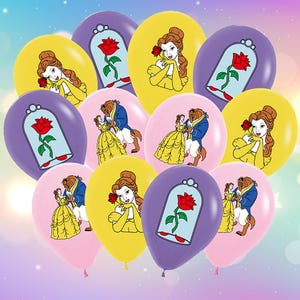 May include: A collection of colorful balloons featuring images of Belle, the Beast, and the enchanted rose from Beauty and the Beast. The balloons are yellow, purple, and pink, perfect for a themed party.