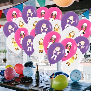 May include: A collection of party balloons in various colors, including pink, purple, and white. The balloons feature cartoon illustrations of a girl in a white hat and a girl in a yellow dress. Other balloons are plain with polka dots.