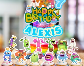 FREE Custom Singing Monsters game Name/age Cake Topper cupcake LED Lights Shaker party supplies decoration happy birthday centerpiece decor