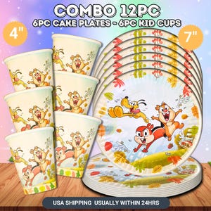 May include: A combo set of 12 pieces, including 6 cake plates and 6 kid cups. The plates are 7 inches in diameter, and the cups are 4 inches tall. Each item features cartoon characters and autumn leaf designs. The text "COMBO 12PC" is visible.