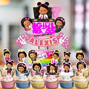 FREE Custom Black baby girl boss Name/age Cake Topper cupcake LED Lights Shaker party supplies decoration happy birthday centerpiece decor