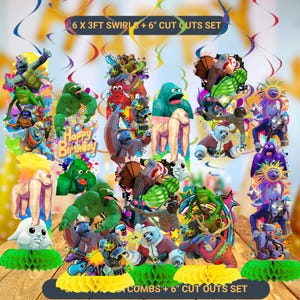 May include: A colorful birthday party decoration set featuring various cartoon characters, including gorillas, frogs, and polar bears. The set includes swirls and cutouts, with the text "Happy Birthday" visible. The cutouts are approximately 6 inches.