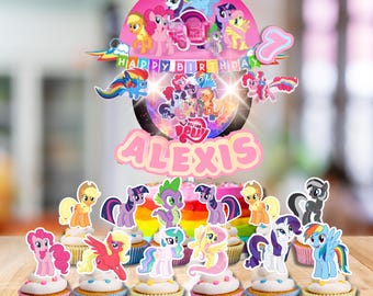FREE Custom MLP Name/age Cake Topper cupcake LED Lights Shaker party supplies decoration happy birthday centerpiece decor