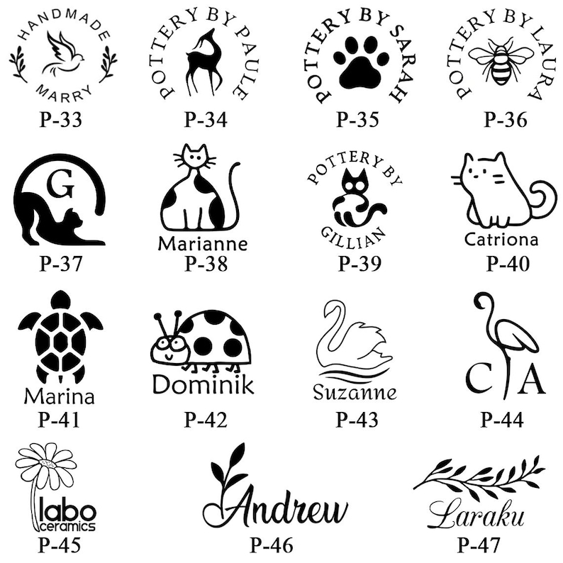 May include: A collection of fifteen black and white circular and linear pottery stamp designs featuring various icons like animals, flowers, and leaves, each labelled with a unique code from P-33 to P-47 and specific names including Marry, Paule, Sarah, Laura, Marianne, Gillian, Catriona, Marina, Dominik, Suzanne, Andrew, and Laraku.