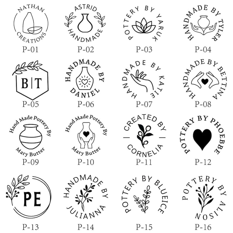 May include: A collection of sixteen black and white circular and hexagonal stamp designs featuring various pottery-themed illustrations, botanical elements, and personalised text labels ranging from P-01 to P-16 for branding ceramic creations.