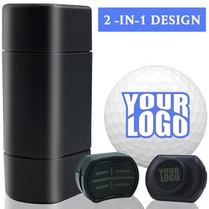 May include: A black rectangular container, a white golf ball with the blue text YOUR LOGO, and two black golf accessories. One accessory features a line pattern, while the other displays the text YOUR LOGO. A blue banner reads 2-IN-1 DESIGN.