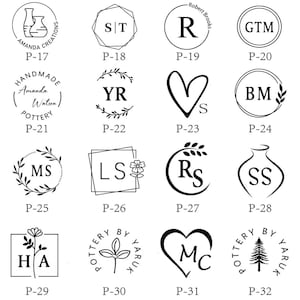 May include: A collection of sixteen black and white circular, square, and heart-shaped stamp designs labelled P-17 through P-32. Each design features unique typography, monograms, and botanical or pottery-themed illustrations for custom branding.