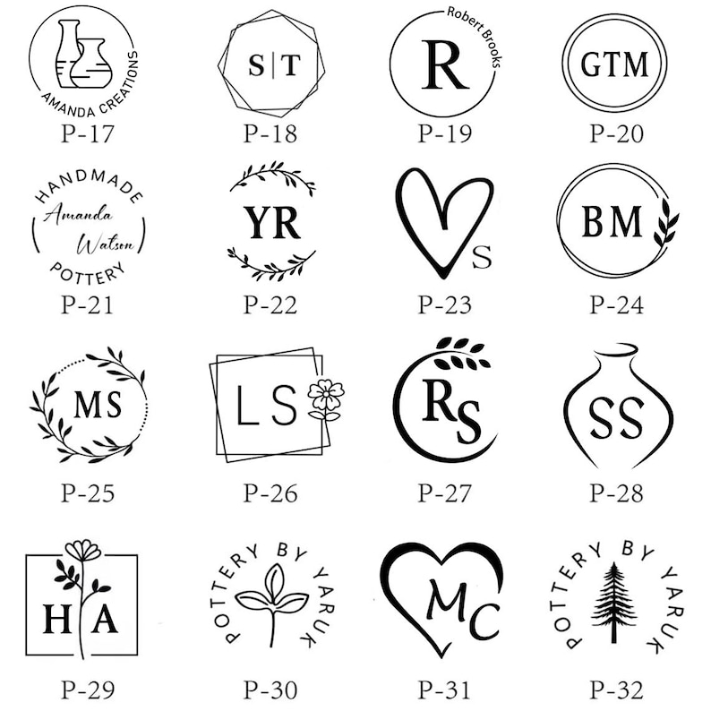 May include: A collection of sixteen black and white circular, square, and heart-shaped stamp designs labelled P-17 through P-32. Each design features unique typography, monograms, and botanical or pottery-themed illustrations for custom branding.