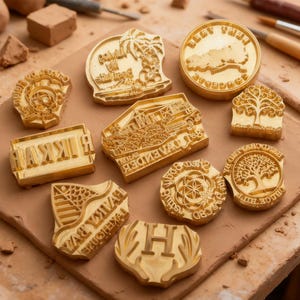 May include: A collection of ten brass stamps with various engraved designs including a palm tree, a tree of life, a geometric pattern, and text such as Living My Best Life, BENT TREE, and H, arranged on a flat piece of light brown clay.