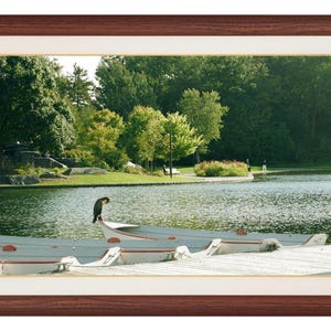 Könnte beinhalten: Ein gerahmter Druck einer ruhigen Seeszene. Das Bild zeigt eine Reihe weißer und grauer Boote, die an einem Holzsteg angedockt sind. Ein Vogel sitzt auf einem der Boote. Üppige grüne Bäume und Blätter umgeben den See.