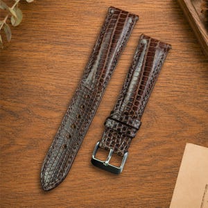 Handgjort specialdesignat mörkbrunt läderarmband i ödla, Vingtage-klockorsättning, läder av högsta kvalitet, snabbkoppling