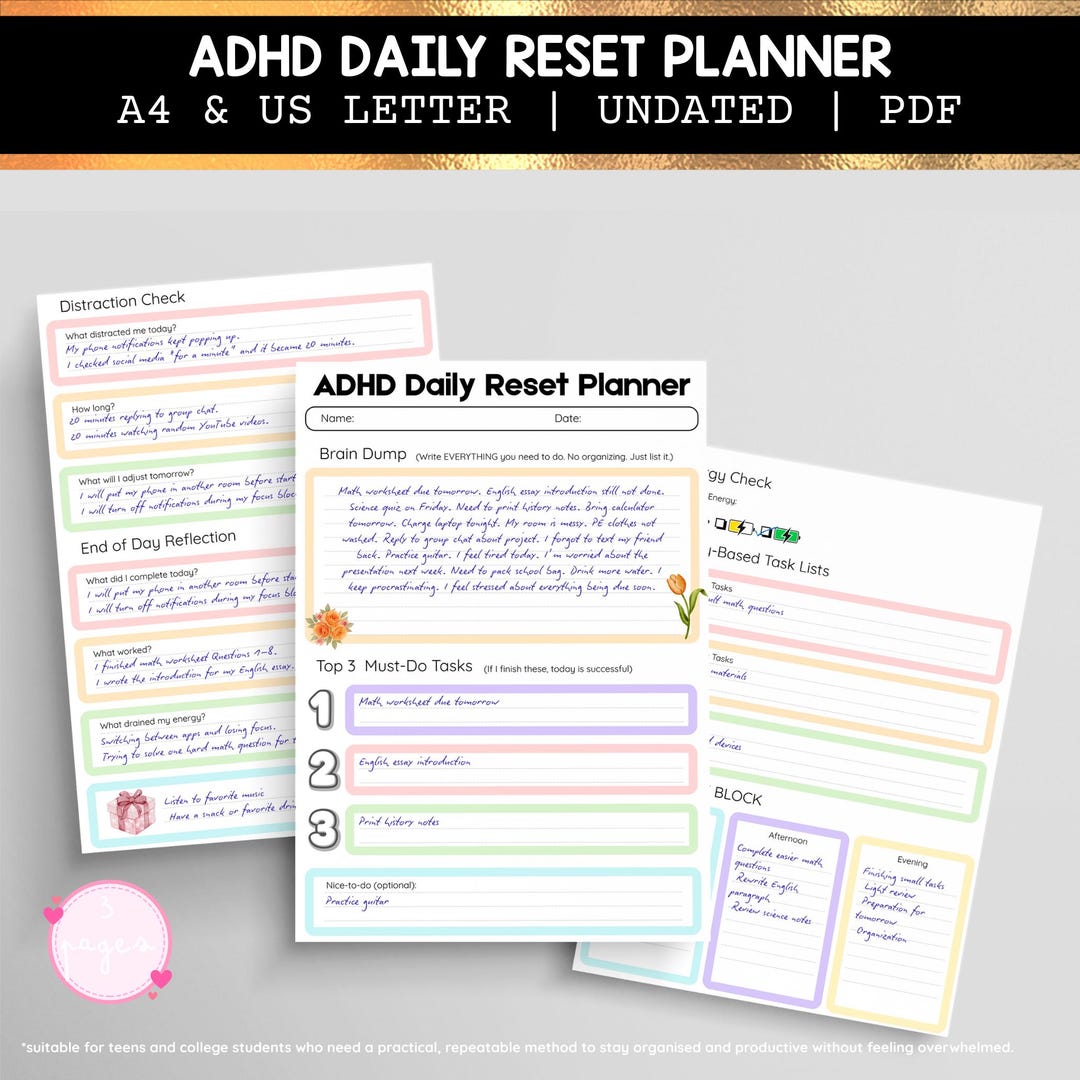 ADHD Daily Reset Planner | Energy Based Student Study Sheet (PDF) - Etsy