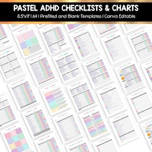 Puede incluir: Una colección de listas de verificación y gráficos pastel para el TDAH. El texto en la parte superior dice "PASTEL ADHD CHECKLISTS & CHARTS 8.5"x11" | A4 | Prefilled and Blank Templates | Canva Editable". Los gráficos incluyen planes semanales y listas de verificación escolares.