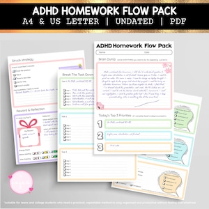Może przedstawiać: Drukowany plik PDF ADHD Homework Flow Pack z stronami planowania, w tym burzą mózgów, podziałem zadań oraz sekcjami nagród i refleksji. Strony są w formatach A4 i US Letter, bez daty i przeznaczone dla nastolatków i studentów.