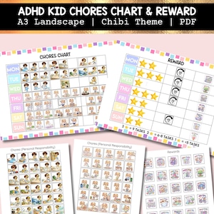 以下が含まれることがあります： ADHDの子供向けの、印刷可能な家事チャートと報酬チャートのセット。チビをテーマにしています。チャートには、家事チャート、報酬チャート、個人の責任に関するチャートが含まれています。テキストには「CHORES CHART」と「REWARD」が含まれています。