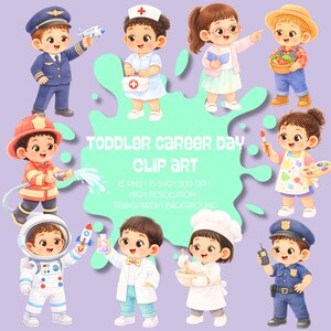 Puede incluir: Ilustraciones de dibujos animados de niños que representan varias profesiones, incluyendo piloto, enfermera, bombero, astronauta, científico, chef y policía. También está presente el texto "TODDLER CAREER DAY CLIP ART".