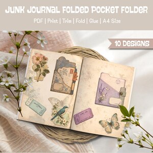 Puede incluir: Un archivador de bolsillo de diario basura de estilo vintage con diseños florales y de mariposas. El archivador abierto muestra varios elementos decorativos, incluyendo bolsillos, entradas y un pájaro azul. El texto en la imagen dice "JUNK JOURNAL FOLDED POCKET FOLDER" y "10 DESIGNS".