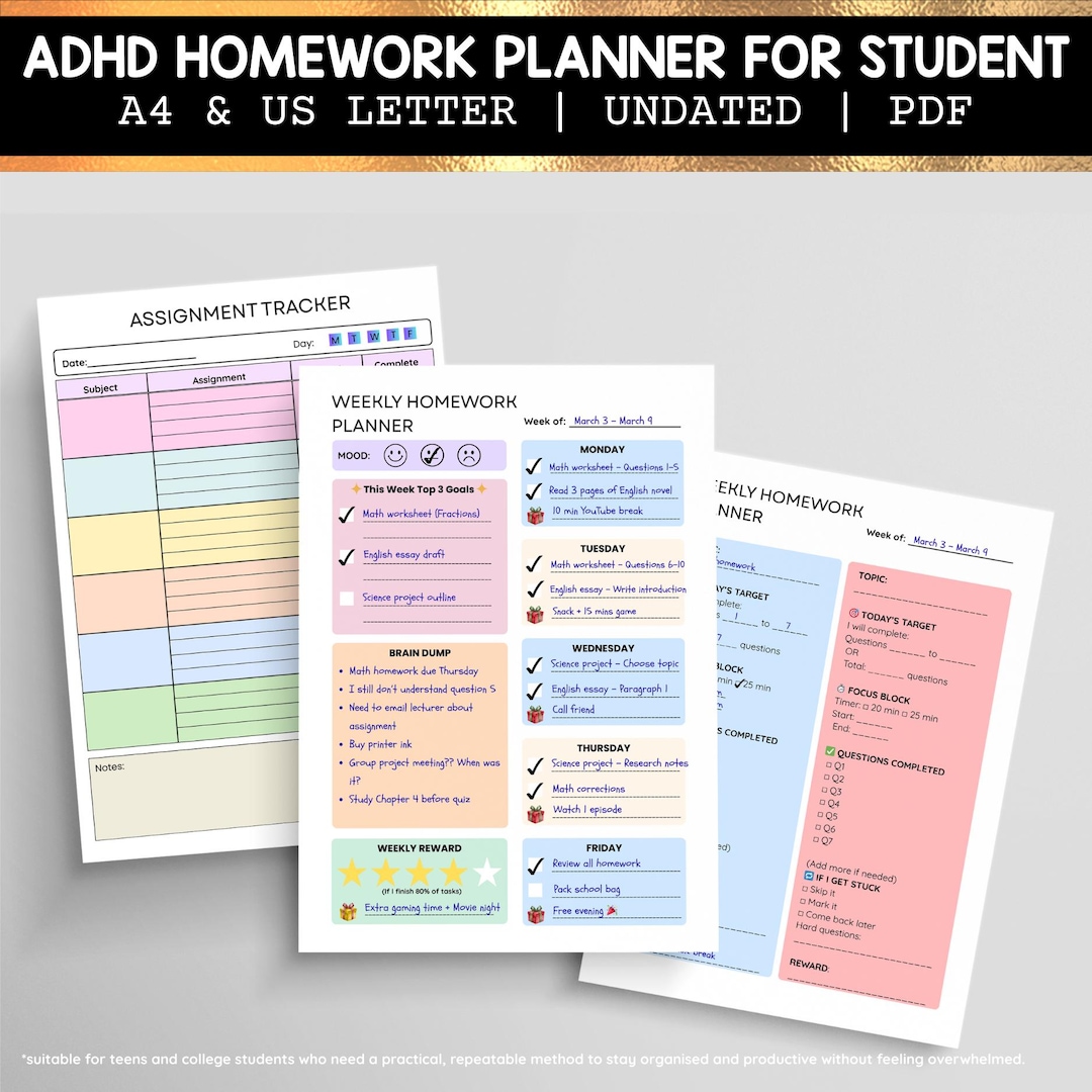 ADHD Homework Planner & Assignment Tracker | Pastel Student Organizer ...