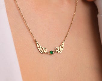 Colar de prata esterlina com pedra de nascimento e asas de anjo, joia memorial, colar anjo guardião para mães.