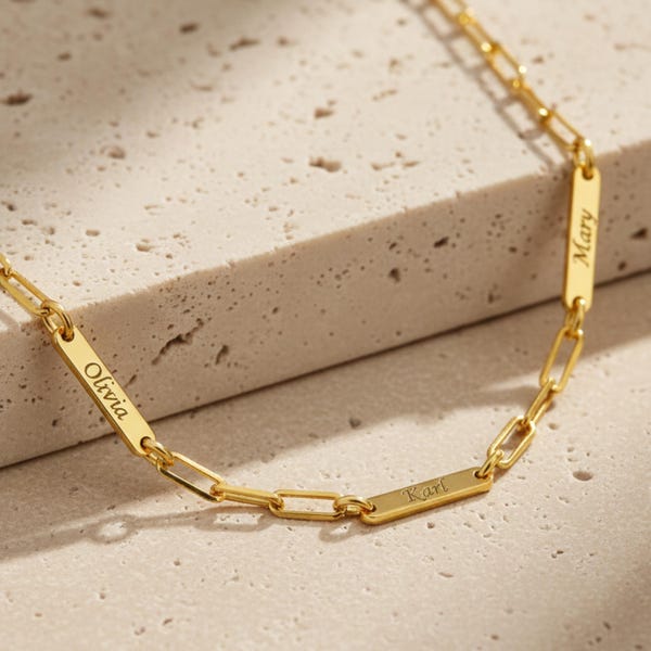 Engraved Tiny Bar Necklace with Paperclip Chain, Mini Name Bar Necklace