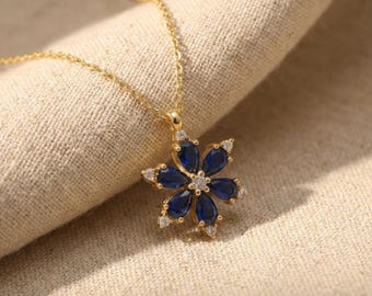 Sapphire Blue Flower Necklace, September Birthstone Jewellery, Blue Crystal Flower Pendant, Gift for Her, Bridesmaid Necklace, Floral Charm