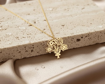 Birth Flower Bouquet Necklace, Personalized Birth Month Flower Necklace, Dainty Gold Floral Pendant, Custom Flower Jewelry, Gift for Mom