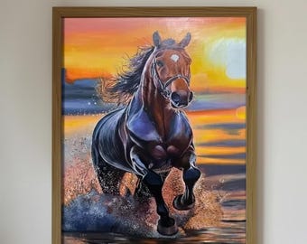 大草原を駆け抜ける8頭の馬 手描きの油絵 28 x 55インチ 家族愛の