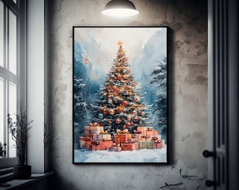 Christmas Tree Painting | Holiday Winter Wall Art | Snow Gift Decor