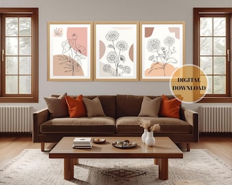 Juego de 3 impresiones de arte mural / Impresiones botánicas minimalistas / Arte imprimible moderno neutro / Descarga digital