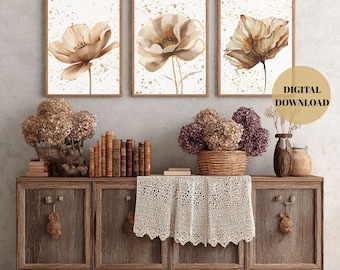 Watercolor Digital Prints | Flower Wall Art Set of 3 | Botanical Prints |Neutral Decor | Brown/Neutral | Digital Wall Art | Digital Download