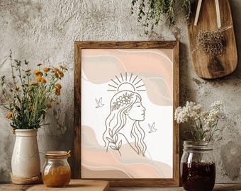 Arte lineal de mujer bohemia imprimible / Arte de pared neutro y femenino / Decoración del hogar bohemia espiritual