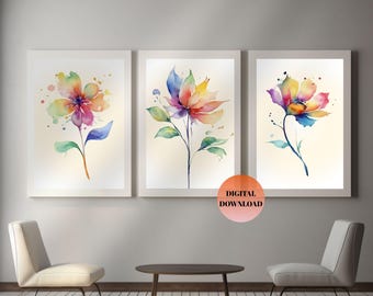 Conjunto de impresiones de flores en acuarela / Arte botánico abstracto arcoíris (descarga digital)