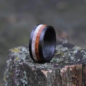 Wood Ring Whiskey Barrel Wood, Carbon Fiber Band image 1