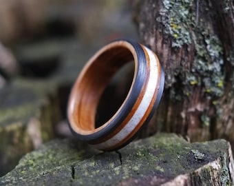 Antler and Carbon Ring - Bourbon Barrel Oak Deer Antler and Carbon Fiber - Mens Black Wedding Band