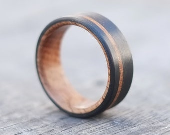 Wine Cask Ring - Wine Barrel Oak Band with Black Carbon Fiber - Rustic Mens Ring